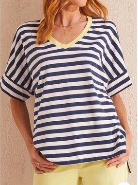 Tribal Navy and White Striped V-Neck Top with Lime Green Trim